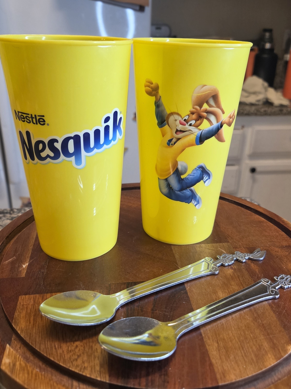 Vintage Nestle Nesquik Cups Yellow Bunny Plastic Tumbler Set of 2 With Spoons